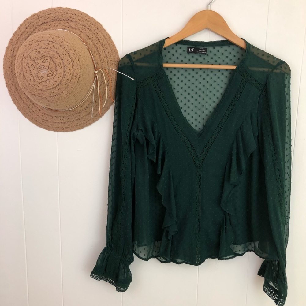 Zara Trafaluc Green Swiss Dot Style Sheer Long Sleeve Blouse Women’s Medium